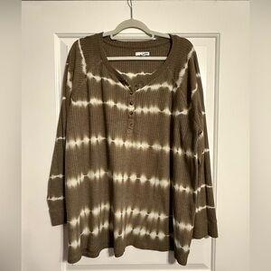 Sonoma Olive Green and White Tie-Dye Long Sleeve waffle knitTop